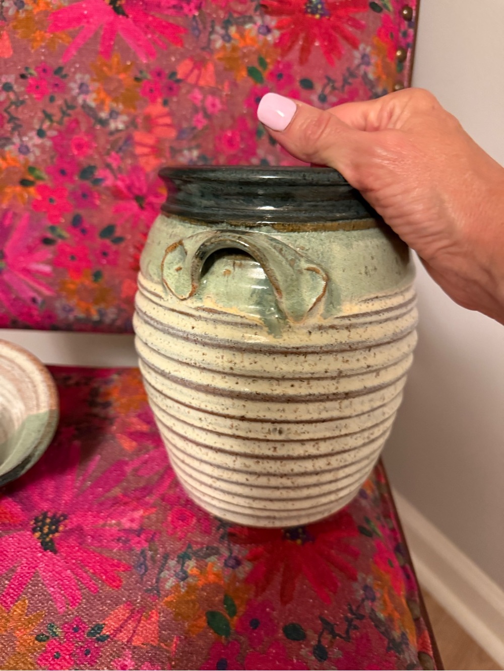 Artisan Two-Tone Ceramic Jar with Lid — Green & Cream - Picture 5 of 6